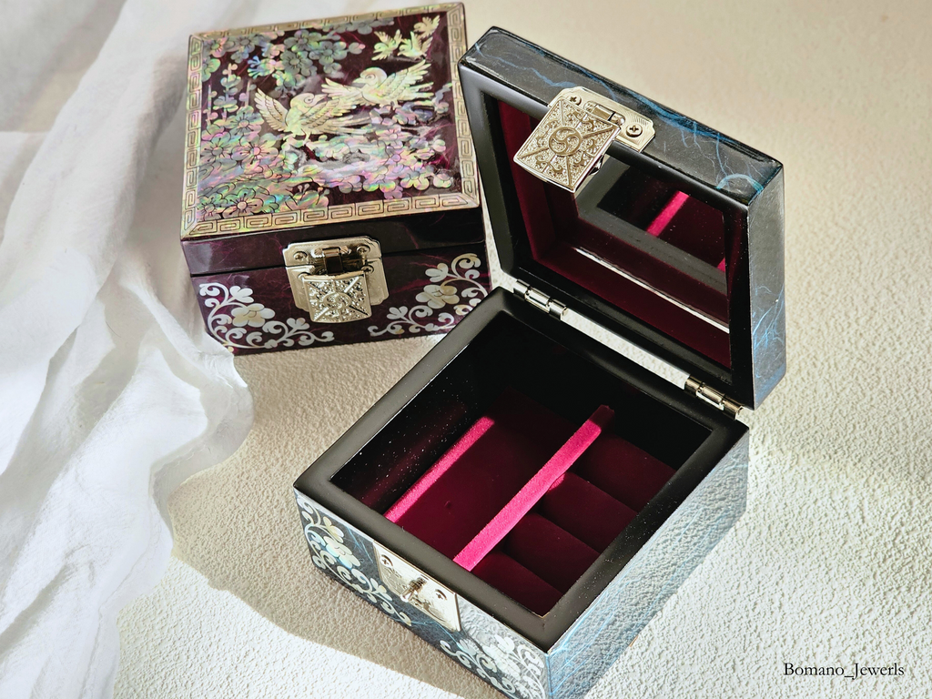 Moonlit Square Mother of Pearl Jewelry Trinket Box with Mirror