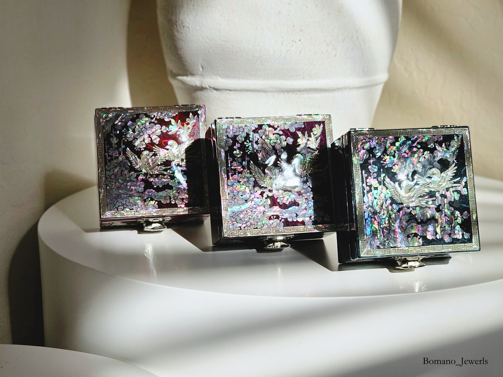 Moonlit Square Mother of Pearl Jewelry Trinket Box with Mirror