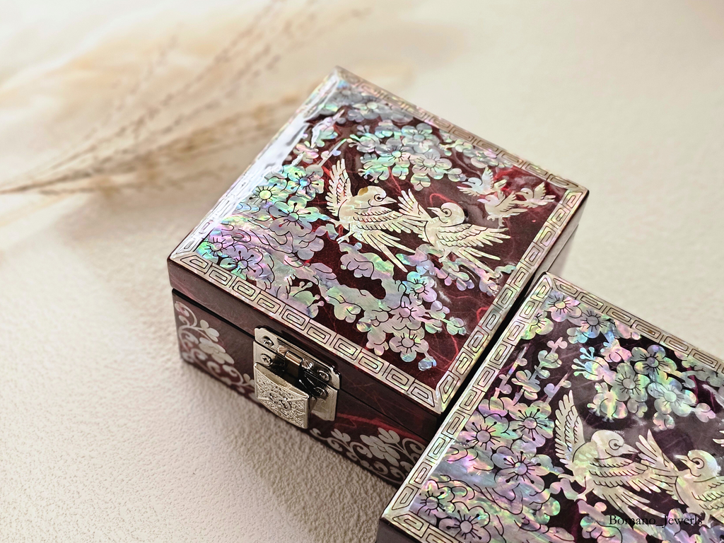 Moonlit Square Mother of Pearl Jewelry Trinket Box with Mirror