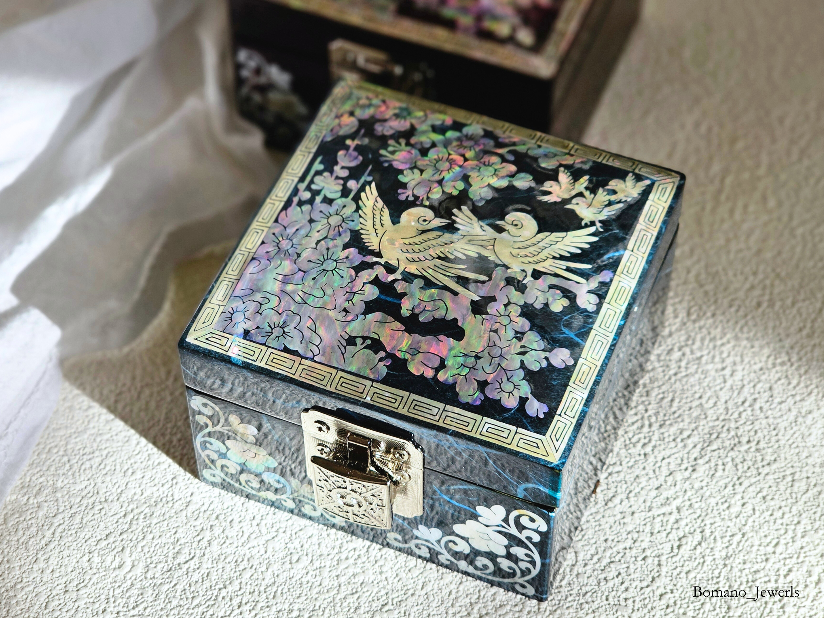 Moonlit Square Mother of Pearl Jewelry Trinket Box with Mirror